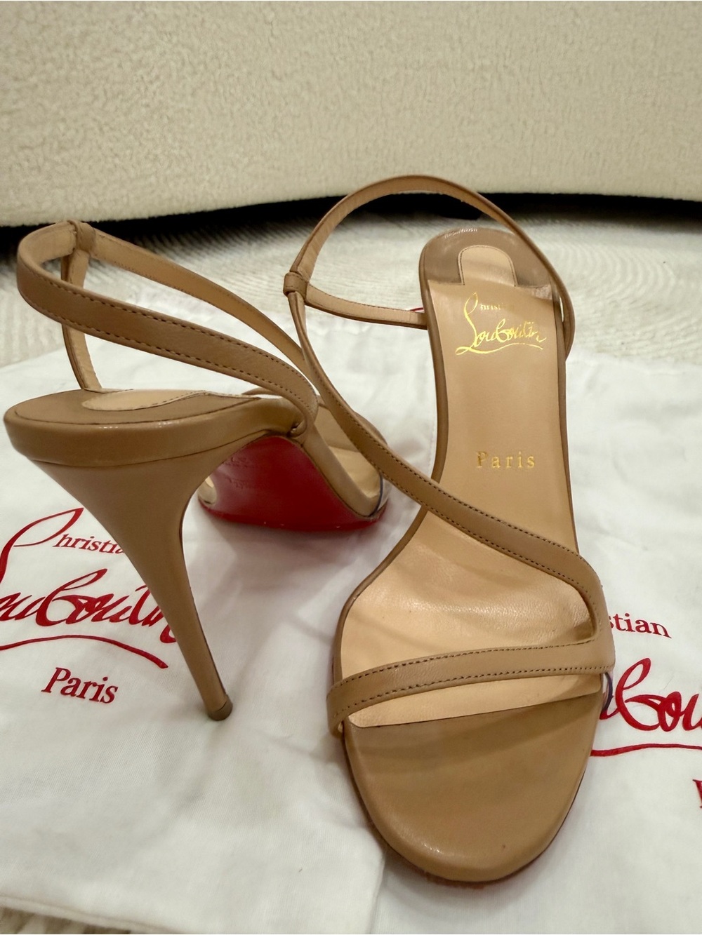 Christian Louboutin Nude/Tan Strappy Stiletto Sandals Slingback Stiletto Sandal